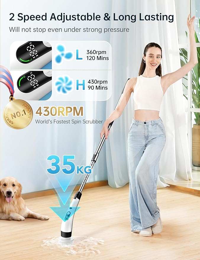 Electric Spin Scrubber with LED Display, IPX7 Waterproof Powerful Shower Scrubber, 2H Runtime, 2 Speeds, Adjustable Handle, 8 Brush Heads for Bathtub Tile Car-Black and White