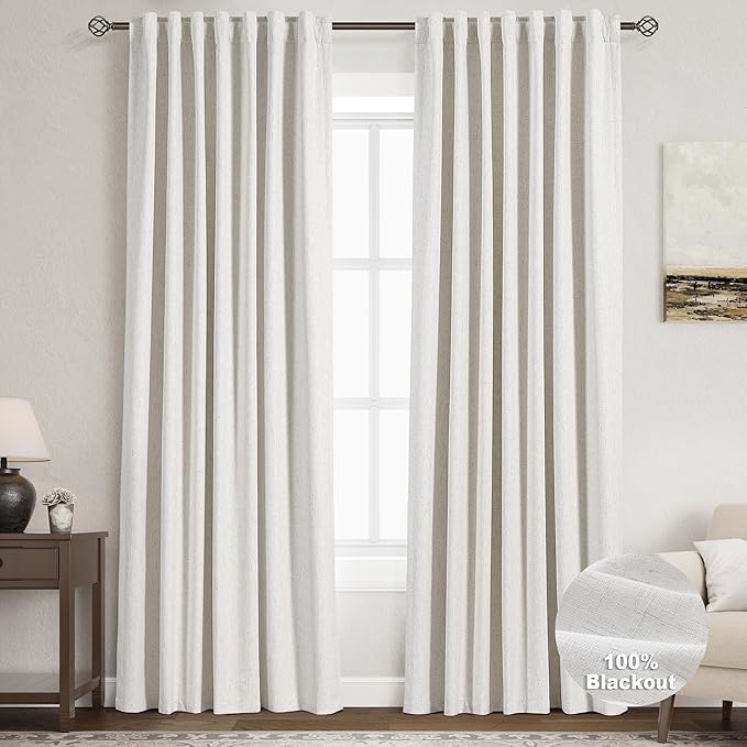 Nanspring Cream White Linen Blackout Curtains 80 inch Length Back Tab Rod Pocket Thermal Insulated Textured Living Room Blackout Curtains 2 Panels Set 52x80