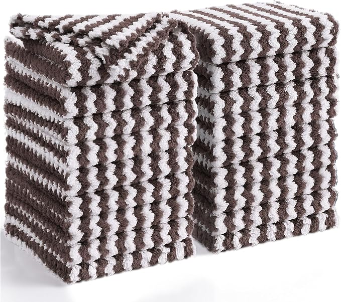 Homaxy 18 Pack Kitchen Dish Cloths, Ultra Soft and Absorbent Dish Towels, Reusable Fast Drying Microfiber Cleaning Cloth, Coral Velvet Wave Design Lint Free, 10 x 10 inches, Brown
