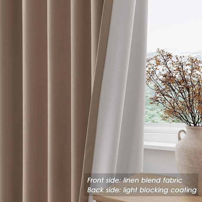 Tan Linen Blackout Curtains 120 Inch Length 2 Panels Set Extra Long 10 Ft Back Tab Pocket Drapes Thermal Insulated Total Blocking Curtains for Dining Room Cottage High Window Curtain 52x120 Inch