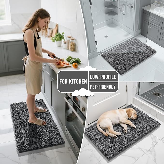 Yimobra Long Bathroom Rugs Non Slip Washable 44x24 Inch - Ultra Soft Absorbent Chenille Bath Mat, Quick Dry Shaggy Floor Carpet for Tub Shower, Dark Gray Home Decor Accessories