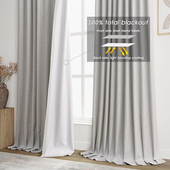 Extra Long Blackout Curtains 108 Inches Long Silver Birch Modern Linen Back Tab Pocket Curtains for Sliding Glass Doors Thermal Light Blocking Floor Length Windows Drapes With White Backing 52X108