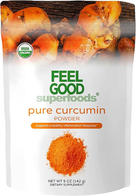 FEEL GOOD Organic Superfoods Pure Curcumin Powder, Organic, Non-GMO, Vegan from Bulk Ground Turmeric Root from India, Curcuma Longa Joint Supplement, 5 oz