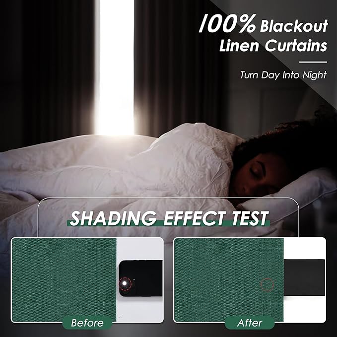 Nanspring 100% Blackout Curtains 2 Panels Set Back Tab Dark Green Window Curtains 102 Inches Long Full Black Out Cotton Textured Linen Curtains Thermal Insulated for Living Room 52x102