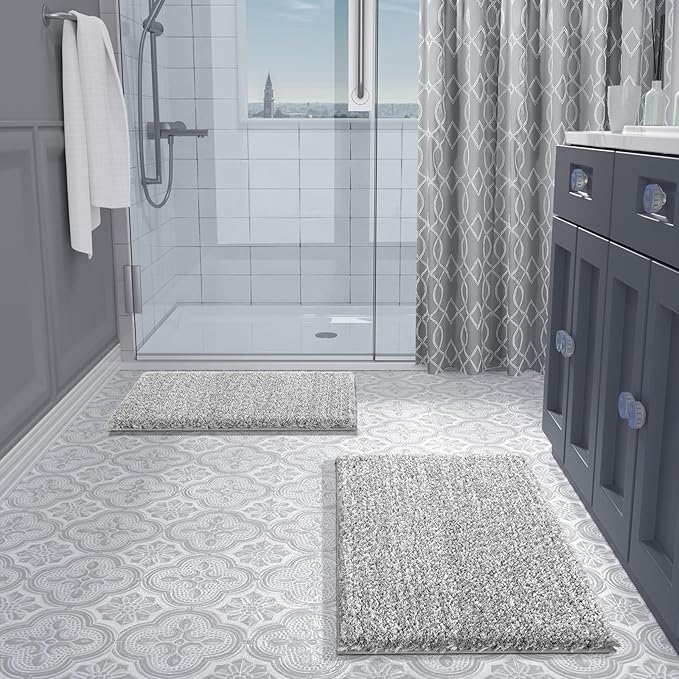 Yimobra Bathroom Rug Set 2 Piece, Soft Absorbent Microfiber Bath Mat Set, Non Slip Machine Washable Dry, Plush Shaggy Shower Rugs for Bathroom Floor, 32"x20"+24"x17", Light Gray and White