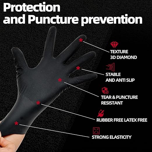 Jointown Basic Heavy Duty Nitrile Gloves, Mechanic Gloves 8 Mil Nitrile Disposable, with Raised Diamond Texture, Case of 100, Black, Large