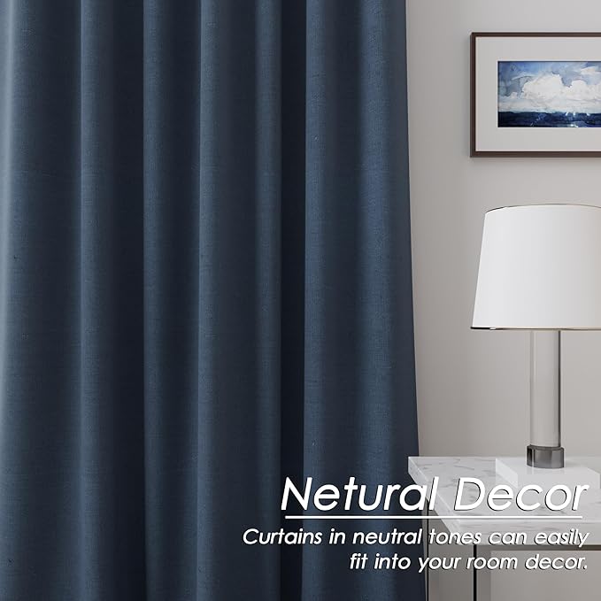 Vintage Blue Linen Blackout Curtains 120 Inch Length 2 Panels Set Burg Extra Long 10 Ft Back Tab Pocket Drapes Cotton Textured Total Sun Blocking Curtains for Living Room Cottage High Window 52x120