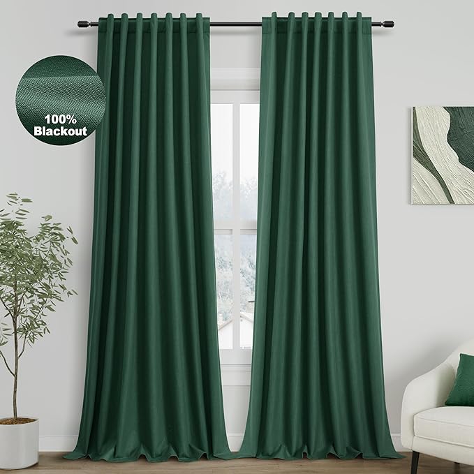 Green Linen Blackout Curtains 120 Inch Length 2 Panels Set Extra Long 10 Ft Back Tab Pocket Drapes Thermal Insulated Total Blocking Curtains for Dining Room Cottage High Window Curtain 52x120 Inch