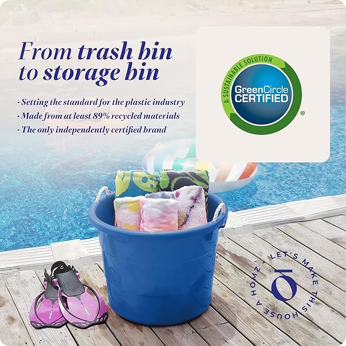 HOMZ 2-Pack Utility Tub, Large Plastic Storage Bucket with Rope Handles, 18 Gallon, Blue - Portable Indoor and Outdoor Buckets for Kitchen, Laundry, Garden, Bathroom, and Garage Organization