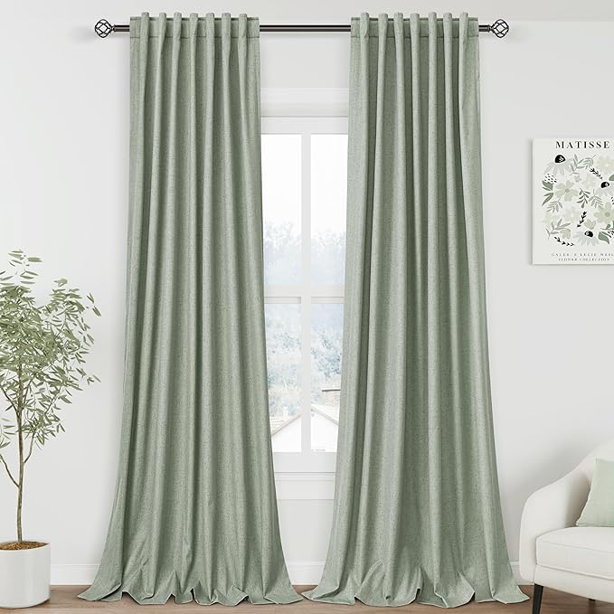 Nanspring 100% Blackout Linen Curtains 120 Inch Long 2 Panels Desert Sage Modern Urban Drapes Extra Long 10 FT Back Tab Pocket Thermal Insulated Curtains for Dining Room High Ceiling 52X120