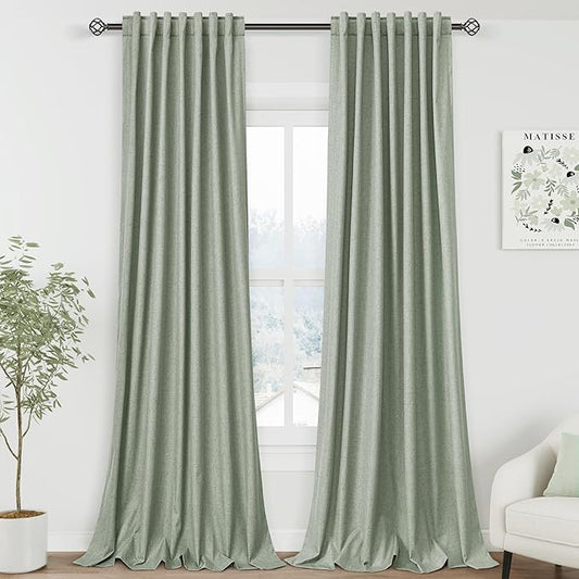 Nanspring 100% Blackout Linen Curtains 120 Inch Long 2 Panels Desert Sage Modern Urban Drapes Extra Long 10 FT Back Tab Pocket Thermal Insulated Curtains for Dining Room High Ceiling 52X120