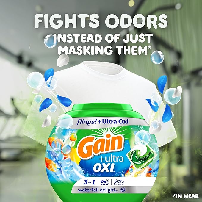 Gain flings Ultra Oxi Laundry Detergent Pacs 3-in-1 HE Compatible, Waterfall Delight Scent, 76 Count