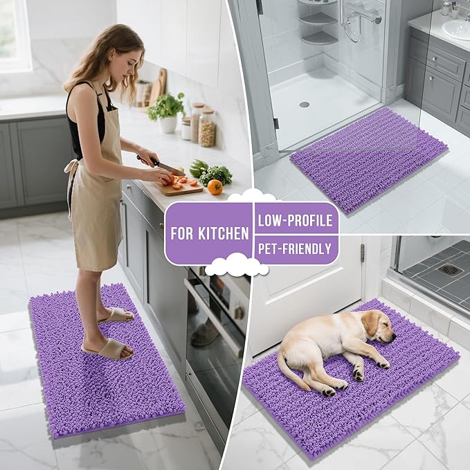 Yimobra Bathroom Rugs Non Slip Washable 24x17 Inch - Ultra Soft Absorbent Chenille Bath Mat, Quick Dry Shaggy Floor Carpet for Tub Shower, Lavender Home Decor Accessories