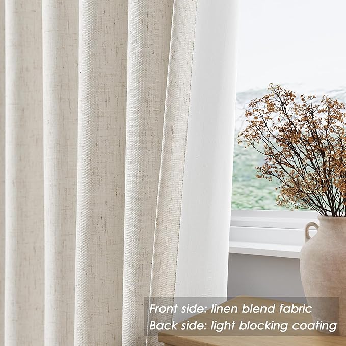 Nanspring Beige White Linen Blackout Curtains 96 Inches Long Back Tab Rod Pocket Sound Absorbing Light Blocking 2 Panels Set for Dining Room Neutral Rustic Modern Farmhouse Curtains Drapes 52x96