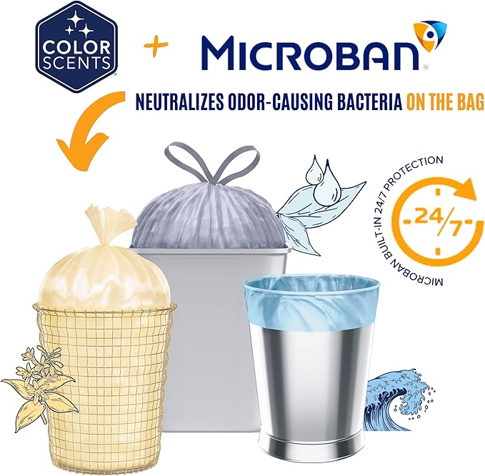 Color Scents Medium Trash Bags - 8 Gallon, 45 Bags (1 Pack of 45 Bags) Twist Tie - Mocha Mousse in Sweet Brewed Bliss Scent with Microban