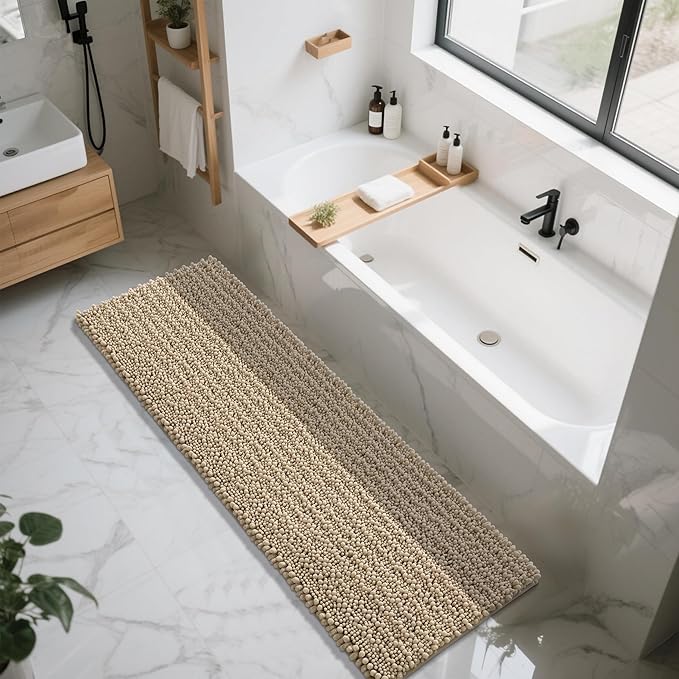 Yimobra Bathroom Runner Rug 70x24 Inch - Extra Long Non Slip Chenille Bath Mat, Soft & Absorbent, Machine Washable Shaggy Hallway Carpet for Vanity Tub Shower, Pale Khaki Home Decor Accessories