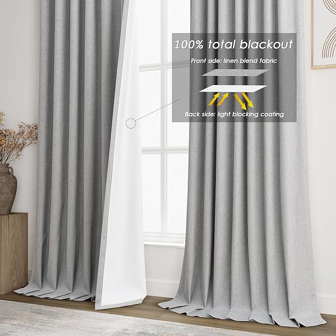 Extra Long Blackout Curtains 108 Inches Long Silver Grey Modern Linen Back Tab Pocket Curtains for Sliding Glass Doors Thermal Light Blocking Floor Length Windows Drapes With White Backing 52X108