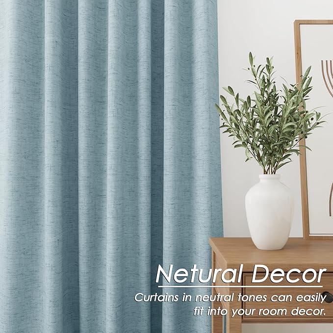 Full Black Out Light Blue Window Curtains Panels 102 Inches Long 2 Panels Set for Living Room Cotton Textured Long Blackout Curtain with Backing Thermal Insulated Drapes for Nursery Bedroom 52x102