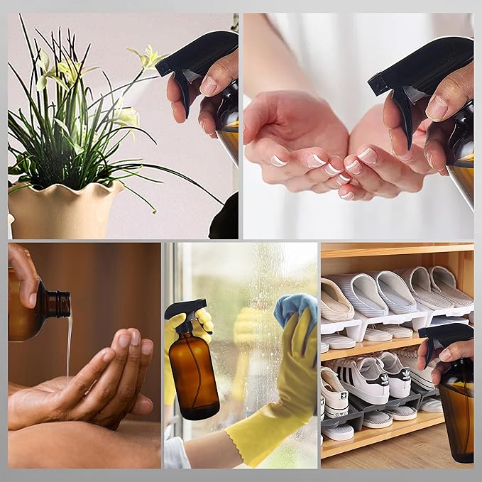 Amber Glass Spray Bottles 16 oz - Refillable Empty Spray Bottles for Cleaning, Essential Oils, Plants, Hair Mister - 2 Pack