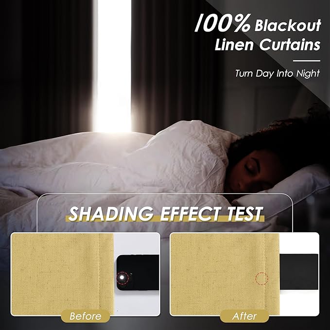 Blackout Gold Linen Curtains 120 Inch Long Thermal Insulated 2 Panels Farmhouse Back Tab Extra Long 10 FT Draperies Light Blocking Darkening Living Room Curtains for High Ceiling Bedrooms 52X120