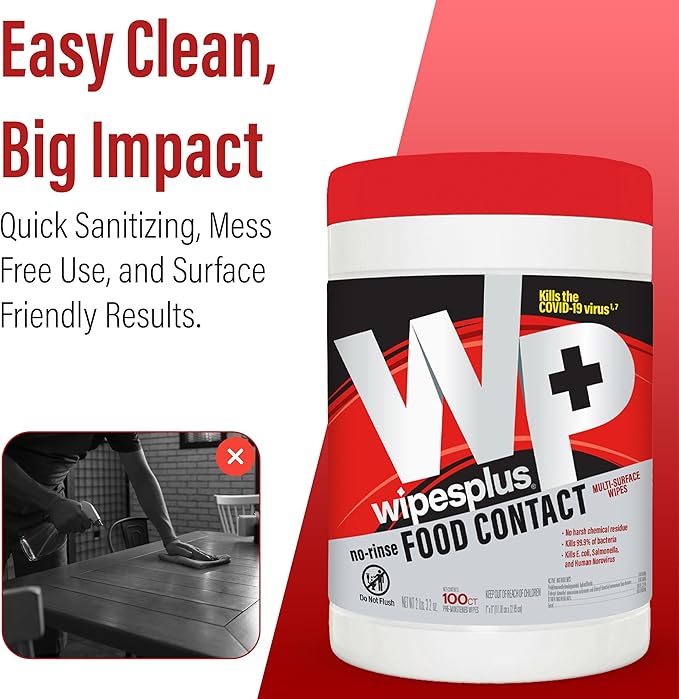 WIPESPLUS No-Rinse Food Contact Wipes Canister Multi-Surface Wipes, Unscented for Home and Business, 100, (1 Pack of 100)