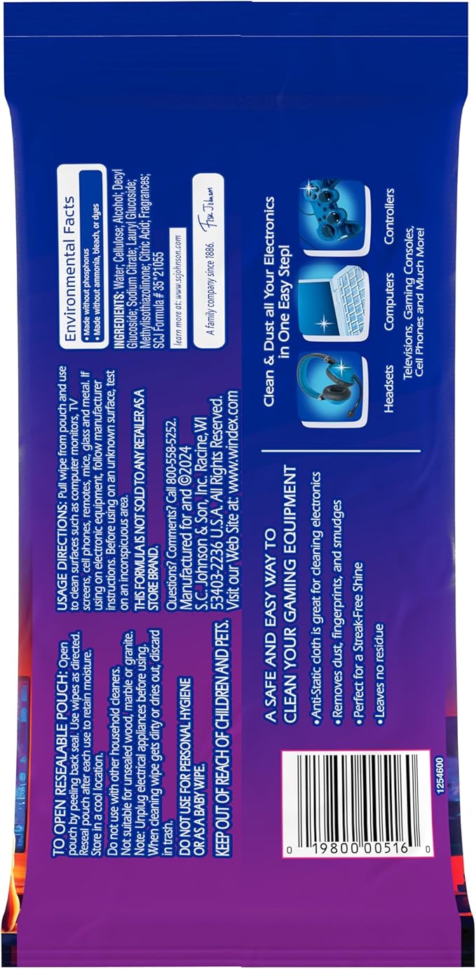 Windex Gaming Cleaning Wipes, Pre-Moistened Wipes to Instantly Clean all Gaming Gear and Electronics, Resealable Packaging for a Freshness Lock, 25 count (Pack of 1)