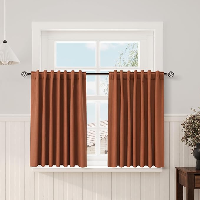 Nanspring Terracotta Linen Kitchen Curtains Back Tab Rod Pocket Drapes Thermal Insulated Textured Short Blackout Curtains 2 Panels Set 52x45