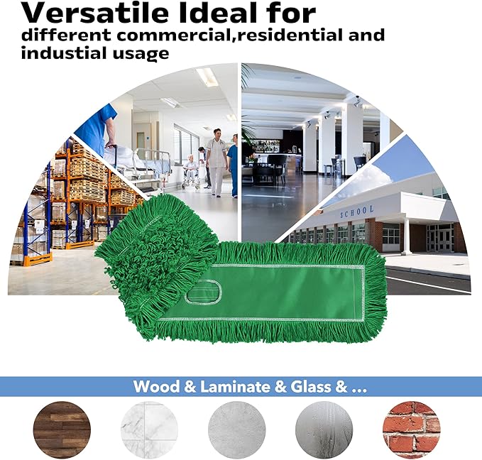 Matthew Cleaning 36'' Industrial Strength Cotton Dust Mop Refill Washable Replacement Heads for Residential & Commercial Use Fit Standard Dust Mop Frames, Hardwood, Concrete Floors Green 12 Pack