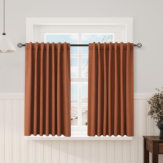 Nanspring Terracotta Linen Kitchen Curtains Back Tab Rod Pocket Drapes Thermal Insulated Textured Short Blackout Curtains 2 Panels Set 52x54