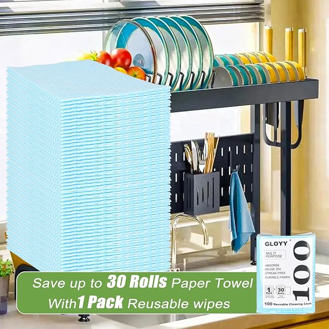 Disposable Dish Cloth and Cleaning Handi Wipes, 100ct, Multi-Use Rags for Kitchen, Bathroom and Windows, Blue
