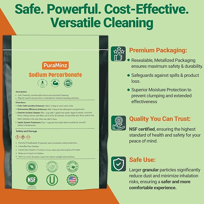 Sodium Percarbonate - 5 Pound - Premium Oxygen Bleach Powder - Solid Hydrogen Peroxide - Multipurpose Cleaner - Color Safe Laundry Stain Removal, Dishwasher, Deodorizer - Industrial Grade Strength