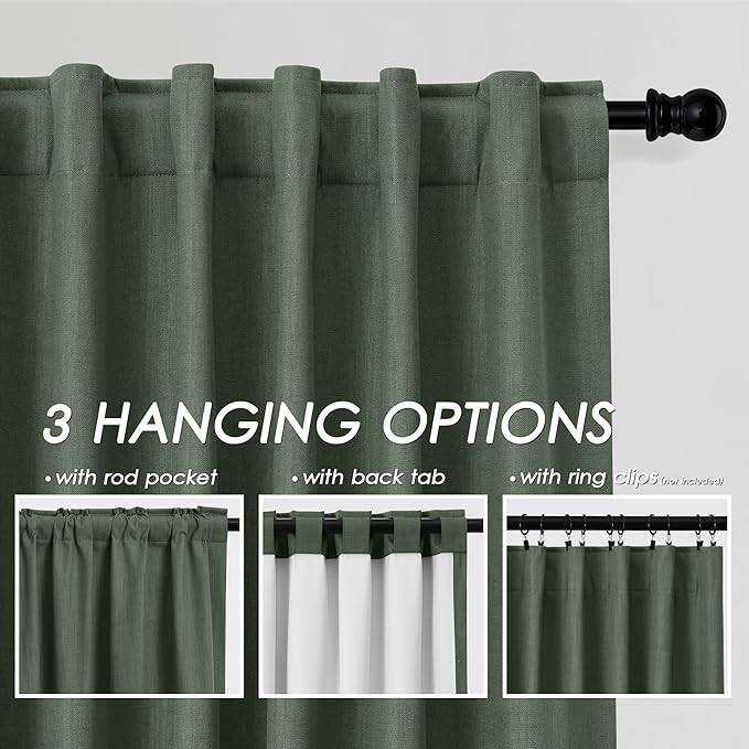 Olive Green Linen 100% Black Out Curtains 108 Inches Long 2 Panels Set for Bedroom Boho Farmhouse Back Tab Thermal Insulated Energy Efficient Curtains Living Room High Ceiling Length 9 FT 52x108