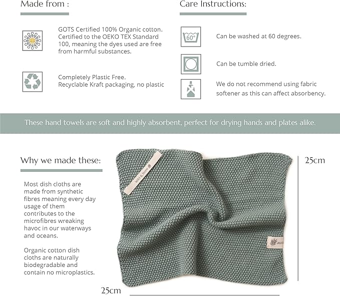 Wild & Stone | Organic Cotton Dish Cloth | Eco-Friendly Kitchen Cloth | Biodegradable & Compostable Cleaning Cloth | Moss Green