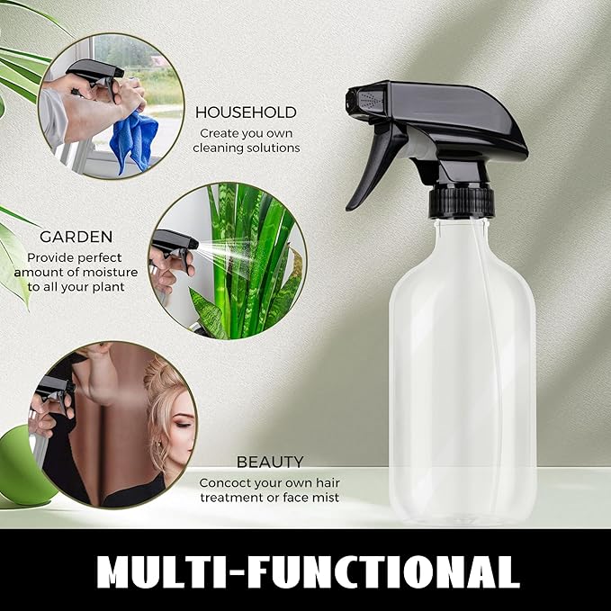 Plastic Spray Bottles 3 Pack, Chemical Resistance Refillable 16 oz Empty Spray Bottle for Cleaning Solution, Durable and Powerful Nozzle, Spray Bottles for Hair, Plants, Cleaner, Oil