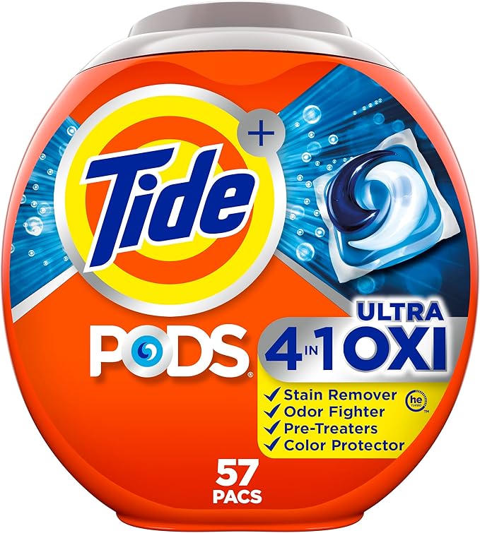 Tide PODS Liquid Laundry Detergent Soap Pacs, 4-n-1 Ultra Oxi, HE Compatible, Built in Pre-treater for Stains, 57 Count