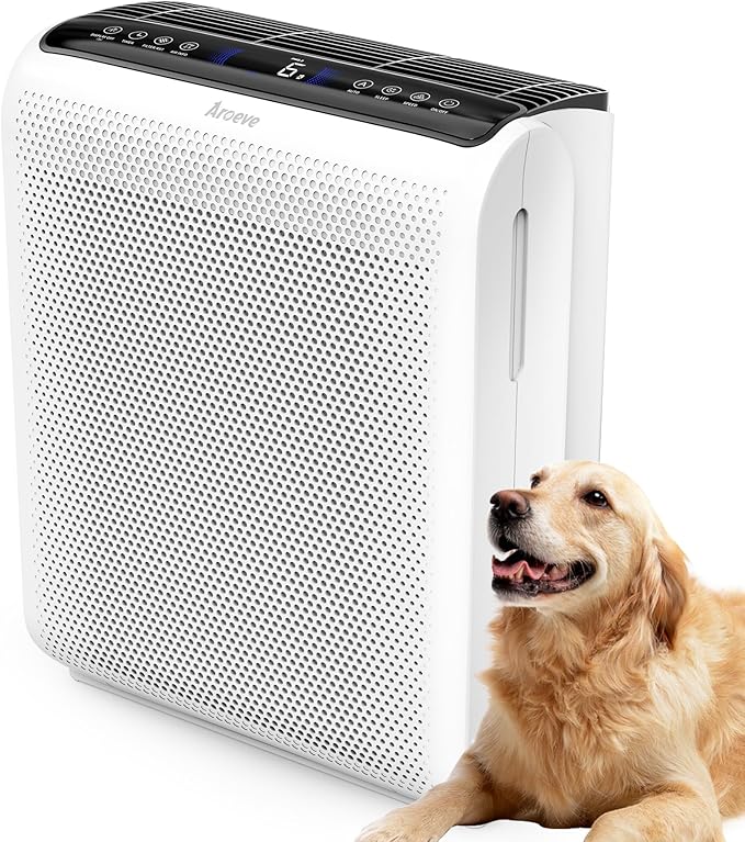 AROEVE Air Purifiers for Bedroom Home Large Room Up to 1504 Ft², 5 Layer Filter for Smoke Pollen Allergies Pet Dander Odor, Air Quality Monitor, Sleep Mode, Timer for Office, Dorm, Kitchen, MK07 White