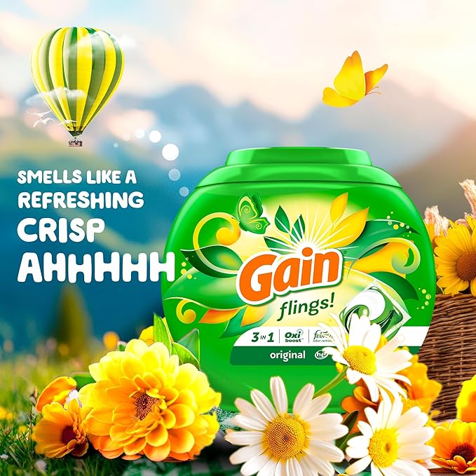 Gain flings! Laundry Detergent Soap Pacs HE Compatible 60 ct Long Lasting Scent Original Scent