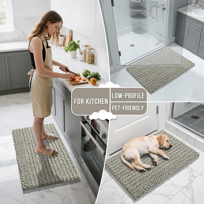 Yimobra Bathroom Rugs Non Slip Washable 24x17 Inch - Ultra Soft Absorbent Chenille Bath Mat, Quick Dry Shaggy Floor Carpet for Tub Shower, Sand Home Decor Accessories