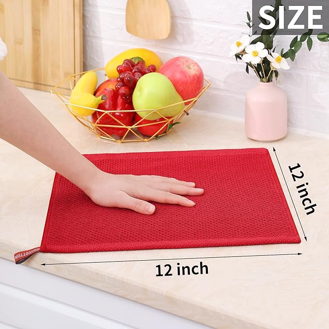 Homaxy 100% Cotton Waffle Weave Kitchen Dish Cloths, Ultra Soft Absorbent Quick Drying Dish Towels, 12 x 12 Inches, 8-Pack, Red