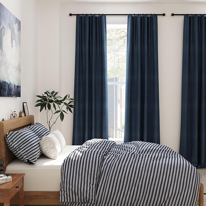 Vintage Blue Linen Blackout Curtains 120 Inch Length 2 Panels Set Burg Extra Long 10 Ft Back Tab Pocket Drapes Cotton Textured Total Sun Blocking Curtains for Living Room Cottage High Window 52x120