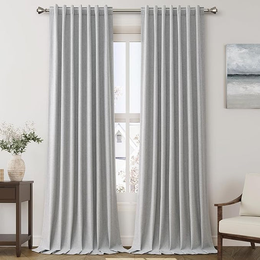 Silver Grey Linen Curtains for Bedroom Black Out 96 Inch Long Full Blackout Back Tab Pocket Curtains for Living Room Neutral Rustic Insulated Light Blocking Drapes 96 Inches Long 2 Panels 8 Ft