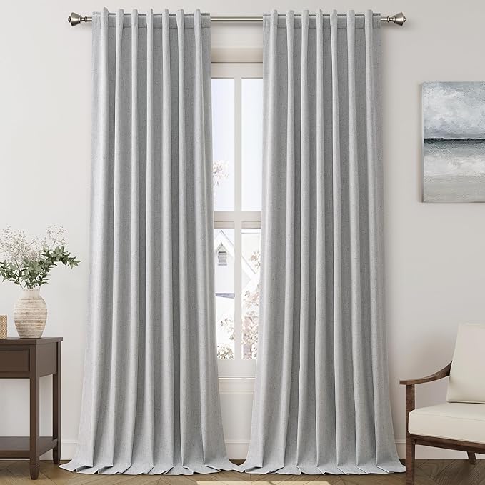 Extra Long Blackout Curtains 108 Inches Long Silver Grey Modern Linen Back Tab Pocket Curtains for Sliding Glass Doors Thermal Light Blocking Floor Length Windows Drapes With White Backing 52X108
