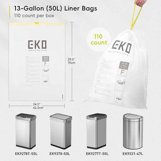 EKO 13 Gallon / 40-60 Liter,110 Count Drawstring Trash Bags, Extra-Strong Unscented Garbage Bags, Easy-Dispense Roll for Kitchen & Household Use, Resists Tears, Leaks and Punctures, Code F, White