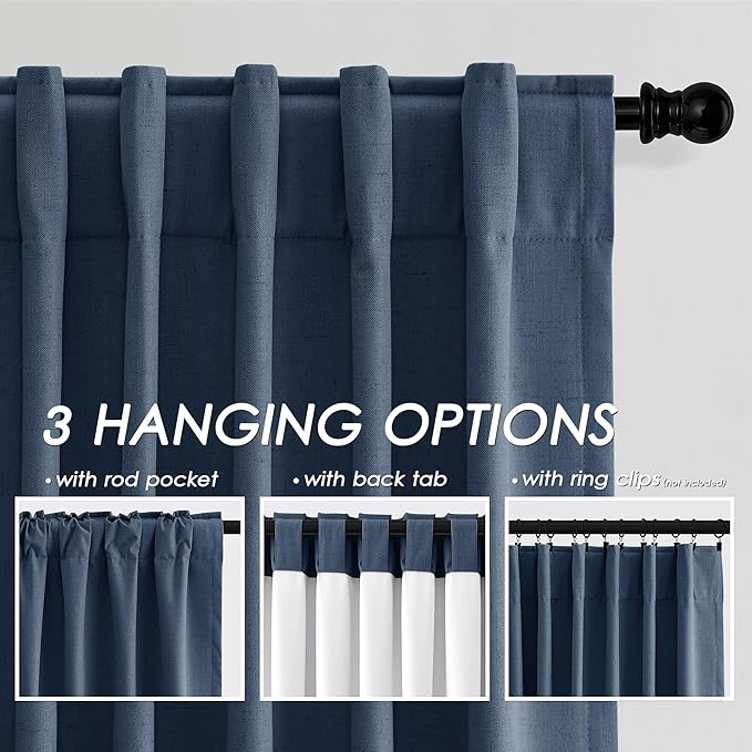 2 Panels Set Denim Blue Linen Curtains 120 Inch Length Extra Long 10 FT Back Tab Pocket High Ceiling to Floor 10FT Thermal Insulated Total Light Blocking for Dining Room Cottage Windows 52x120