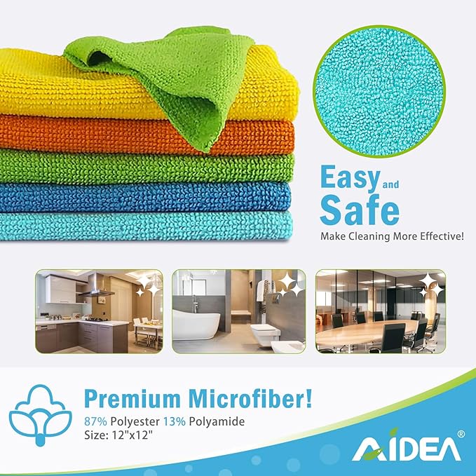 AIDEA Microfiber Cleaning Cloth, 50PK, Microfiber Towels for Cars, All Purpose Cleaning Rags for House, Dusting Cloth for Kitchen, Car, Window, 12"×12"