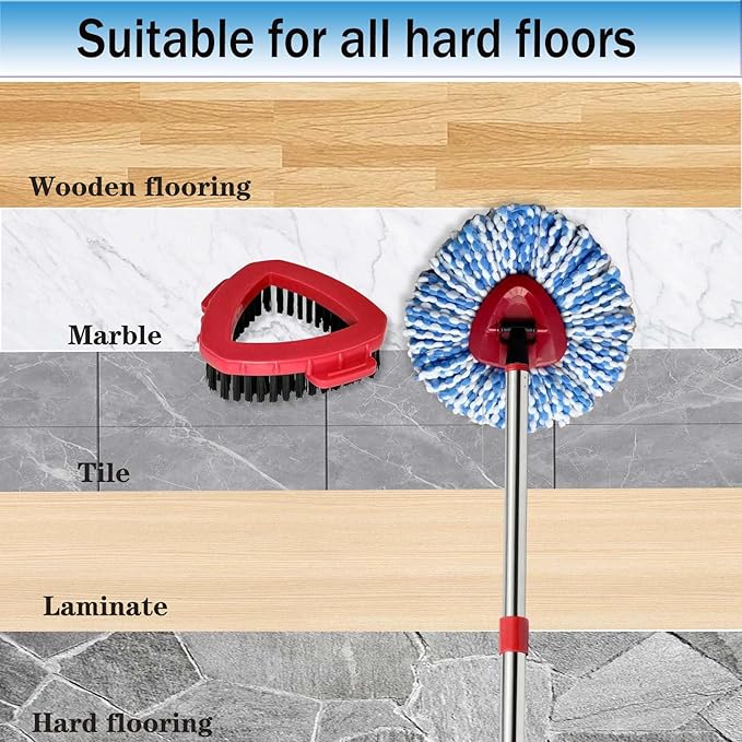 Spin Mop Replace Heads for O Cedar Rinse Clean 2 Tank System, Spin Mop Replacement Head 2 Microfiber Mop Refills, 1 Triangle Head Cover and 30-58in Handle 1 1Scrub Brush