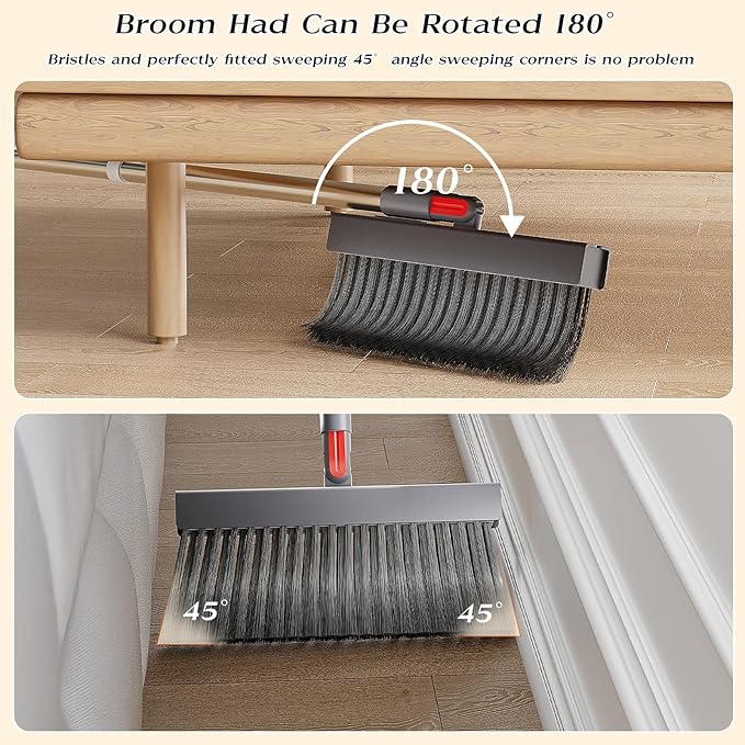 Broom with Dustpan Combo Set 50” Adjustable Long Handle 180 Degree Rotating Broom Set with Comb Teeth Upright Standing Dust Pan for Home Room Kitchen