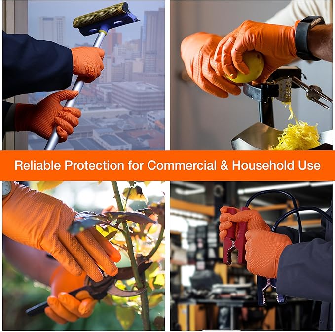 1st Choice 6 mil Orange and Green Nitrile Gloves, Disposable, Latex Free Raised Diamond Grip Mechanic Glove for Men and Women