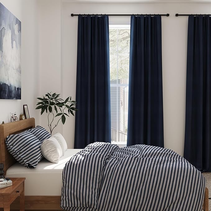 100% Blackout Linen Curtains 92 Inch Length 2 Panels for Living Room Loop Pocket Pinch Pleated Black Out Drapes Navy Blue Heat Reducing Total Blackout Window Curtain for Boy Man Bedroom 90 Inches