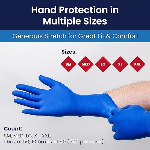 Adenna HERO Disposable Latex Gloves - 14 Mil, NFPA-Approved Heavy Duty Glove with 12" Extended Cuff & Micro-Textured Grip, Exam Grade, Powder Free, Pack of 50, 2X-Large, Blue